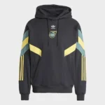 Front view of 2024-25 Jamaica Originals black pullover hoodie with embroidered crest patch and retro green and yellow stripe sleeves