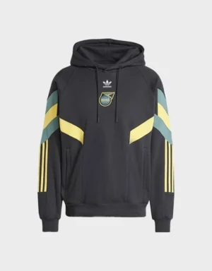 Front view of 2024-25 Jamaica Originals black pullover hoodie with embroidered crest patch and retro green and yellow stripe sleeves