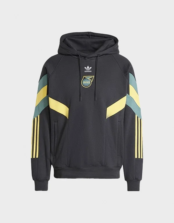 Front view of 2024-25 Jamaica Originals black pullover hoodie with embroidered crest patch and retro green and yellow stripe sleeves
